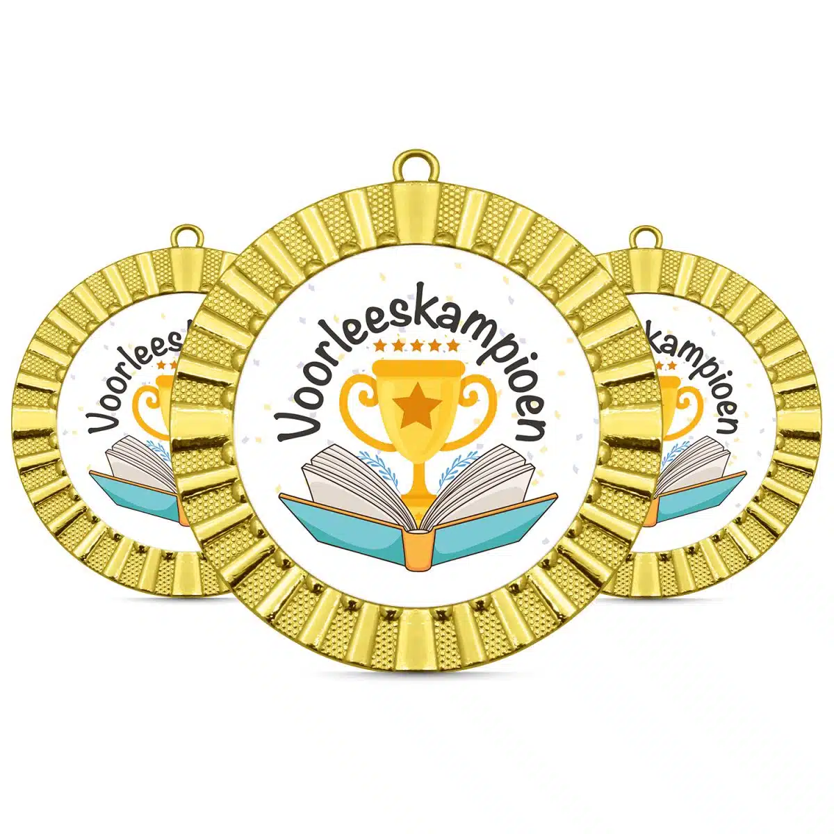 Voorleeskampioen medaille naast elkaar